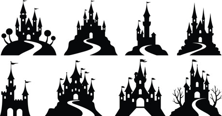 Fantasy castle silhouettes and medieval gothic tower landscapes, black white vector illustration collection for storytelling, game design and creative assets