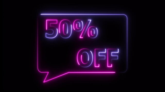 Neon 50 percent off sale sign glowing purple pink in dark background discount promotion advertising commercial deal