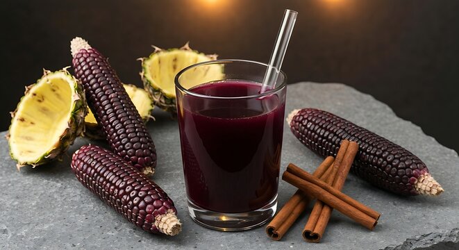 A glass of dark purple Chicha Morada, surrounded by dried purple corn cobs, pineapple rinds, and cinnamon sticks, on a grey volcanic stone surface with warm, diffused light, 16:9 ratio.