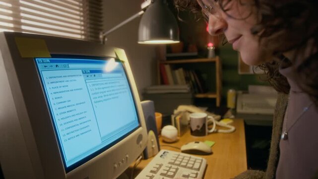 Medium close-up of busy, focused young Caucasian female lawyer working on legal document in text editor software program on vintage computer, typing on keyboard, in home office