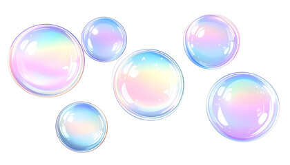 Seven translucent, iridescent orbs floating against a black background