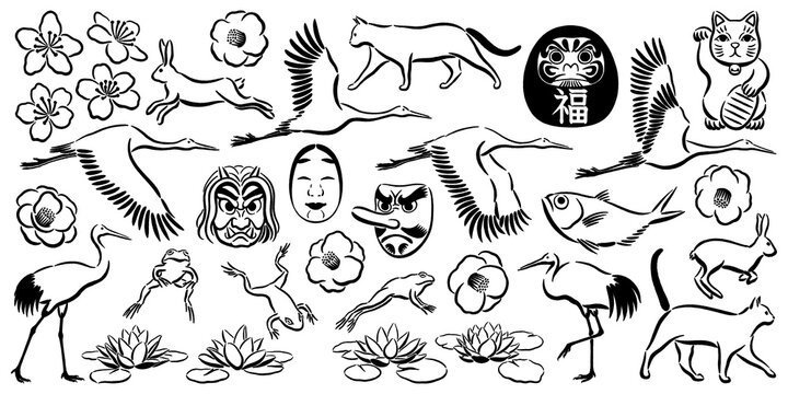 Japanese themed illustrations isolated on transparent background, hand-drawn smi ink drawings 