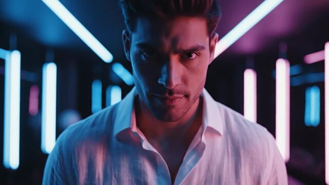 A man in a white shirt looks directly at the viewer, lit by neon lights