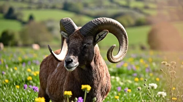 Majestic mouflon ram with impressive horns standing in vibrant wildflower meadow on sunny day in the countryside