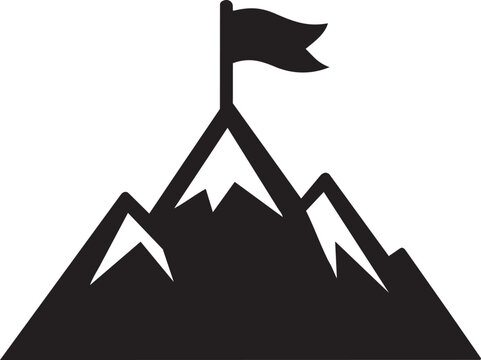 Silhouette icon of a mountain peak with a flag on top, symbolizing achievement, success, and reaching goals.
