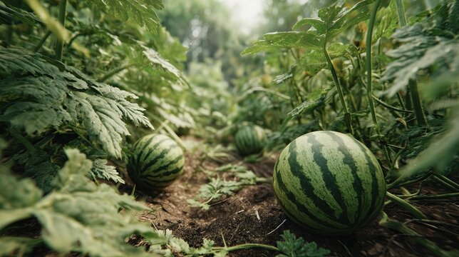 Close-up of watermelons in a garden patch surrounded by green leaves and damp soil under soft natural light