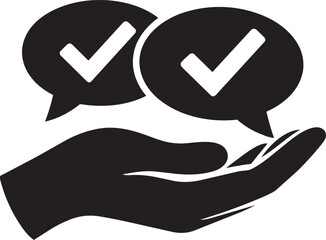 Hand holding two speech bubbles with checkmarks, signifying positive feedback, agreement, or successful communication