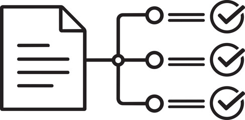 Document icon connected to multiple checklist items with checkmarks, illustrating task management, project completion, and document verification.