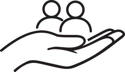 Hand supporting two people icons, representing support, teamwork, or family care