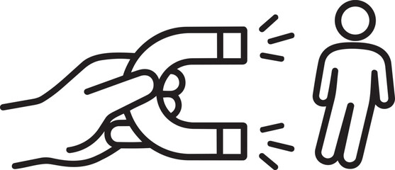 Hand holding a horseshoe magnet attracting a person icon, symbolizing attraction and recruitment