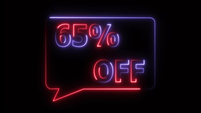 Neon glowing 65 percent discount sale sign with bright red and blue lighting on black background for promotions and marketing