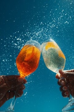 Dos copas de c&oacute;ctel brindando con salpicaduras en fondo azul intenso, Momento de celebraci&oacute;n premium con c&oacute;cteles refrescantes y burbujas, Fondo publicitario para bebidas de verano con espacio texto