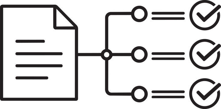 Document icon connected to multiple checklist items with checkmarks, illustrating task management, project completion, and document verification.
