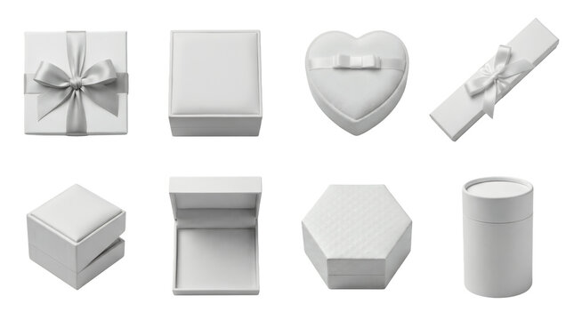 White jewelry gift box set including square, heart, hexagonal, cylindrical, and ribbon tied styles. Elegant packaging collection for rings and luxury accessories.
