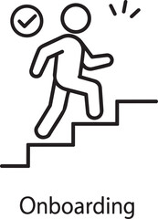 Man walking up stairs with a checkmark above, signifying onboarding, progress, and career advancement in a modern line icon style.