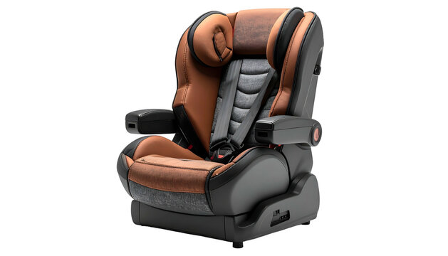 Detailed child car seat; brown leather, grey plastic, safety straps
