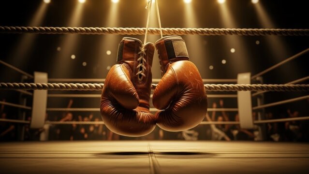Brown boxing gloves hanging in boxing ring under bright lights symbolizing competition readiness and classic sport atmosphere