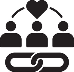 People connected by a heart and chain links icon, symbolizing love, relationships, and community bonding.