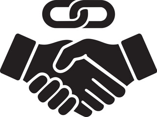 Handshake icon above linked chains, symbolizing partnership, agreement, and business collaboration.