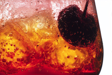 Refresco de color rojo con hielo y burbujas efervescentes, Bebida de alta gama refrescante con burbujas para evento especial, Detalle de cóctel efervescente para blog de bebidas de verano