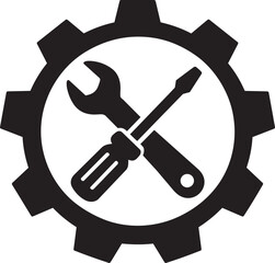 Gear icon with crossed wrench and screwdriver inside, symbolizing repair, tools, and technical services.