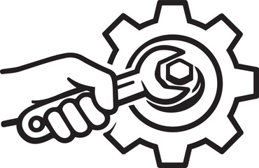 Hand with wrench tightening a bolt on a gear, representing repair, maintenance, and mechanical engineering.