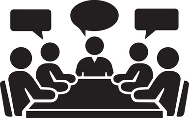 Teamwork and communication icon: people discussing ideas around a table, symbolizing collaboration and business meetings.