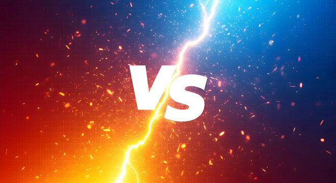 Dramatic split screen with lightning bolt and vs text contrasting orange and blue background with sparks