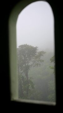 Arched window with view of tropical jungle in fog in El Yunque