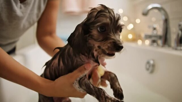 Small dog being bathed in a white bathtub, with a person gently washing the wet pet with a sponge