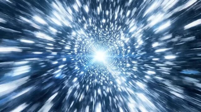 A vibrant, abstract depiction of a tunnel or portal effect with radiating lines and dots in shades of blue and white