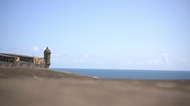 Sentry box overlooks ocean horizon at San Crist&oacute;bal Castle