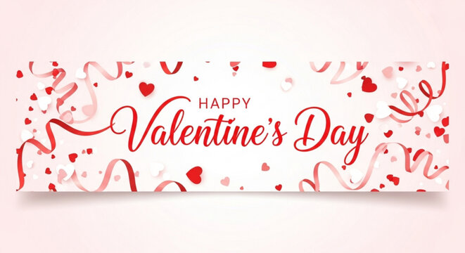 Happy Valentine's Day banner with red hearts and ribbons