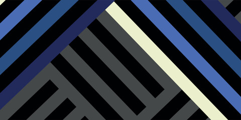 Abstract geometric pattern with intersecting diagonal stripes in black, blue, grey, and cream colors, creating a modern and dynamic visual design.