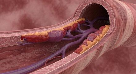 Obraz premium Blood vessel with plague: Detailed 3D illustration showcasing the intricacies of a blood vessel affected by plaque, a visual depiction to help the viewer better understand the causes of disease.