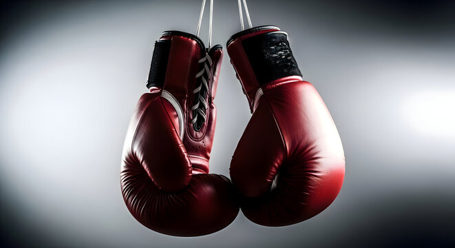 Red boxing gloves hanging from strings on gray background symbolizing combat sports and fitness