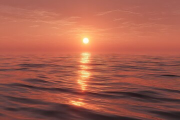 Serene Ocean at Sunset with Gentle Waves and Vibrant Orange Sky Reflecting Sunlight on the Water Surface Warm Glow Creates Tranquil Atmosphere