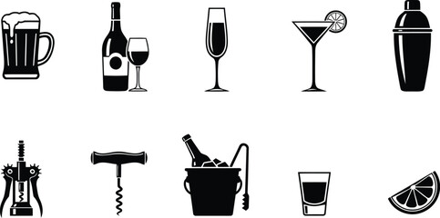 A collection of black silhouettes featuring various bar items including glassware and accessories © Milon Store