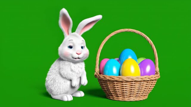 Isolated fluffy digital cartoon bunny model hopping gently next to a small wicker basket filled with shiny solid-colored Easter eggs on a pure green screen chroma key, element, digital asset