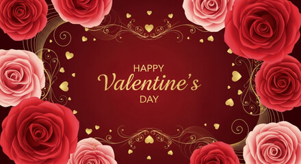 Fototapeta premium Romantic Valentine's Day greeting with roses and golden hearts