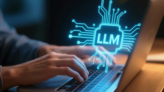 Large language model concept hands typing laptop keyboard showing programming coding next gen ai software machine learning cybersecurity technology software developer