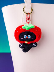 A close-up of a soft plush keychain featuring a cute and playful black kitten wearing a tomato-shaped hat on white bag