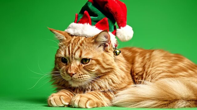 Isolated fluffy ginger cat wearing a small decorative winter elf hat lying still and cozy on a seamless pure chroma green screen background hat, small, alpha