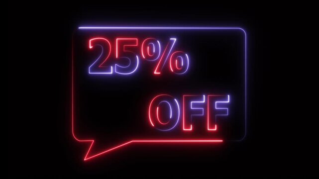 25% percent OFF text icon animation glowing neon pink and blue color price tag special offer business banner sign clip art template signboard poster shop store discount sign symbol 4k video animation