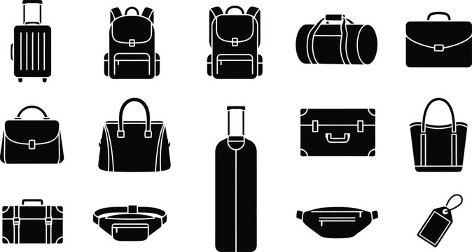 A comprehensive collection of travel luggage and bag icons in silhouette form