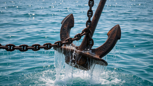 Rusty anchor rising from the blue sea with splashing water. Heavy metal chain lifting old iron equipment. Nautical maritime background