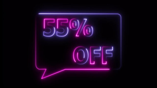 55% percent OFF text icon animation glowing neon pink and blue color price tag special offer business banner sign clip art template signboard poster shop store discount sign symbol 4k video animation