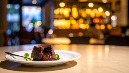 A delicious gourmet Christmas dinner table setting featuring a white plate with a succulent beef steak and a slice of chocolate nut cake for dessert served with red wine