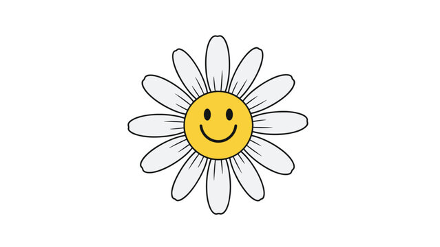 Cute daisy flower illustration with a happy yellow smiley face center and white petals isolated on a bright white background for positive vibes.