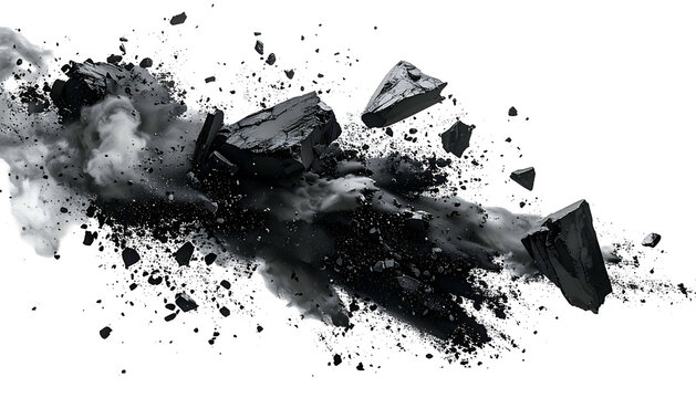 Grey explosion of stone shards and dust against a black background